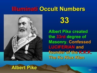 Illuminati Occult Numbers

                   33
              Albert Pike created
              the 33rd degree of
              Masonry. Confessed
              LUCIFERIAN and
              founder of the K.K.K.
              The Ku Klux Klan

Albert Pike                      150
 