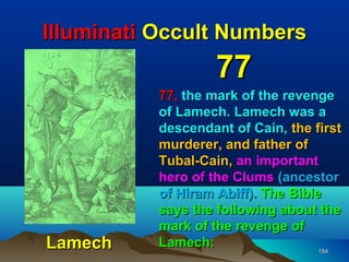 Illuminati Occult Numbers
                   77
          77, the mark of the revenge
          of Lamech. Lamech was a
          descendant of Cain, the first
          murderer, and father of
          Tubal-Cain, an important
          hero of the Clums (ancestor
          of Hiram Abiff). The Bible
          says the following about the
          mark of the revenge of
Lamech    Lamech:                   154
 
