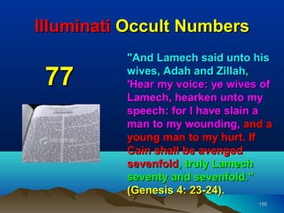 Illuminati Occult Numbers
          "And Lamech said unto his

 77       wives, Adah and Zillah,
          'Hear my voice: ye wives of
          Lamech, hearken unto my
          speech: for I have slain a
          man to my wounding, and a
          young man to my hurt. If
          Cain shall be avenged
          sevenfold, truly Lamech
          seventy and sevenfold."
          (Genesis 4: 23-24).
                                  155
 