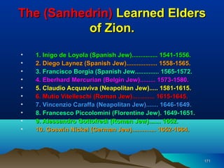 The (Sanhedrin) Learned Elders
           of Zion.
•   1. Inigo de Loyola (Spanish Jew)............... 1541-1556.
•   2. Diego Laynez (Spanish Jew).................. 1558-1565.
•   3. Francisco Borgia (Spanish Jew.............. 1565-1572.
•   4. Eberhard Mercurian (Belgin Jew)......... 1573-1580.
•   5. Claudio Acquaviva (Neapolitan Jew)..... 1581-1615.
•   6. Mutio Vitelleschi (Roman Jew)............. 1615-1645.
•   7. Vincenzio Caraffa (Neapolitan Jew)....... 1646-1649.
•   8. Francesco Piccolomini (Florentine Jew). 1649-1651.
•   9. Alessandro Gottofredi (Roman Jew)....... 1652.
•   10. Goswin Nickel (German Jew).............. 1652-1664.



                                                                 171
 