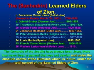 The (Sanhedrin) Learned Elders
    •
                      ofKareu (Polish Jew)
      c. Franciscus Xavier
                           Zion.
     •   (General in Russia, March 7th, 1801)..... 1799-1802.
     •   d. Gabriel Gruber (German Jew)............. 1802-1805.
     •   19. Thaddaeus Brzozowiski (Polish Jew).... 1805-1820.
     •   20. Aloysio Fortis (Veronese Jew).............. 1820-1829.
     •   21. Johannes Roothaan (Dutch Jew).......... 1829-1853.
     •   22. Peter Johannes Beckx (Belgian Jew)..... 1853-1887.
     •   23. Antoine Marie Anderledy (Swiss Jew).... 1887-1892.
     •   24. Louis Martin (Spanish Jew).................. 1892-1906.
     •   25. Francis Xavier Warnz (German Jew)..... 1906-1914.
     •   26. Vladimir Ledochowski (Polish Jew)....... 1915-.
 The Generals of the Jesuits have always been Jews, there
has never been a general that was not Jewish and under the
absolute control of the Illuminati which, is in turn, under the
        total control of the Learned Elders of Zion.
                                                                       173
 