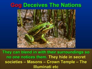 Gog Deceives The Nations




They can blend in with their surroundings so
  no one notices them. They hide in secret
 societies – Masons – Crown Temple – The
               Illuminati etc            84
 