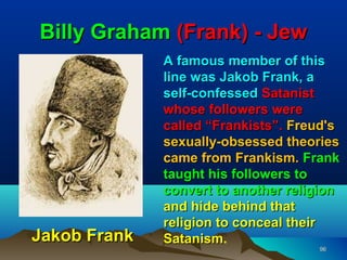 Billy Graham (Frank) - Jew
              A famous member of this
              line was Jakob Frank, a
              self-confessed Satanist
              whose followers were
              called “Frankists”. Freud's
              sexually-obsessed theories
              came from Frankism. Frank
              taught his followers to
              convert to another religion
              and hide behind that
              religion to conceal their
Jakob Frank   Satanism.
              Satanism
                                     96
 