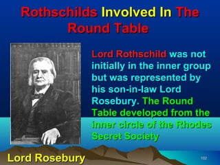 Rothschilds Involved In The
        Round Table
                Lord Rothschild was not
                initially in the inner group
                but was represented by
                his son-in-law Lord
                Rosebury. The Round
                Table developed from the
                inner circle of the Rhodes
                Secret Society

Lord Rosebury                            102
 
