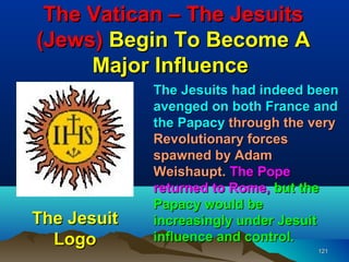 The Vatican – The Jesuits
(Jews) Begin To Become A
     Major Influence
             The Jesuits had indeed been
             avenged on both France and
             the Papacy through the very
             Revolutionary forces
             spawned by Adam
             Weishaupt. The Pope
             returned to Rome, but the
             Papacy would be
The Jesuit   increasingly under Jesuit
  Logo       influence and control.
                                    121
 
