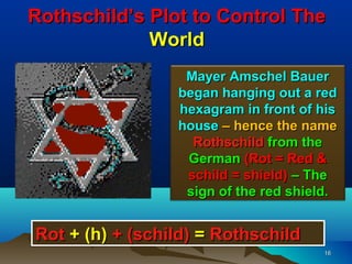 Rothschild’s Plot to Control The
             World
                  Mayer Amschel Bauer
                 began hanging out a red
                 hexagram in front of his
                 house – hence the name
                   Rothschild from the
                  German (Rot = Red &
                  schild = shield) – The
                  sign of the red shield.


Rot + (h) + (schild) = Rothschild
                                      16
 