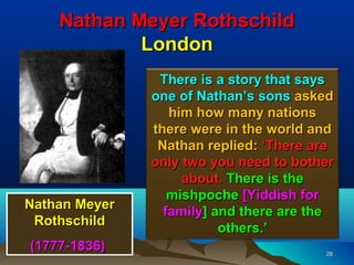 Nathan Meyer Rothschild
            London
                There is a story that says
               one of Nathan’s sons asked
                  him how many nations
               there were in the world and
                Nathan replied: ‘There are
               only two you need to bother
                    about. There is the
                  mishpoche [Yiddish for
Nathan Meyer     family] and there are the
 Rothschild
                          others.’
(1777-1836)                             28
 