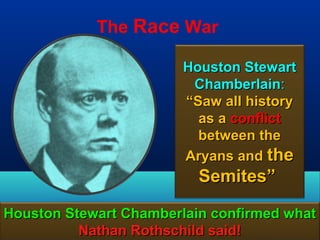 The Race War

                        Houston Stewart
                         Chamberlain:
                        “Saw all history
                          as a conflict
                          between the
                        Aryans and the
                          Semites”

Houston Stewart Chamberlain confirmed what
          Nathan Rothschild said!      29
 