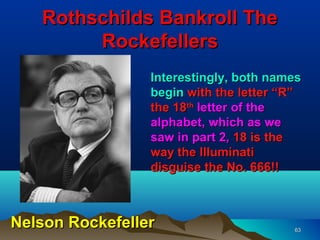 Rothschilds Bankroll The
        Rockefellers
                 Interestingly, both names
                 begin with the letter “R”
                 the 18th letter of the
                 alphabet, which as we
                 saw in part 2, 18 is the
                 way the Illuminati
                 disguise the No. 666!!



Nelson Rockefeller                      63
 
