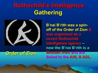 Rothschild’s Intelligence
         Gathering
                B’nai B’rith was a spin-
                off of the Order of Zion &
                was organised as a
                covert Rothschild
                intelligence agency –
                now the B’nai B’rith is a
Order of Zion   Mossad front and are
                linked to the ANL & ADL.


                                         72
 