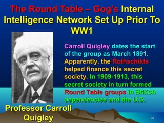 The Round Table – Gog’s Internal
Intelligence Network Set Up Prior To
                WW1
              Carroll Quigley dates the start
              of the group as March 1891.
              Apparently, the Rothschilds
              helped finance this secret
              society. In 1909-1913, this
              secret society in turn formed
              Round Table groups in British
              dependencies and the U.S.
Professor Carroll
    Quigley                                33
 