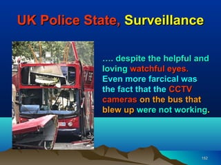 UK Police State, Surveillance

             …. despite the helpful and
             loving watchful eyes.
             Even more farcical was
             the fact that the CCTV
             cameras on the bus that
             blew up were not working.




                                    152
 