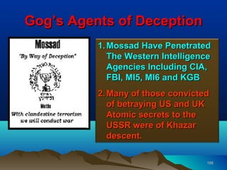 Gog’s Agents of Deception
          1. Mossad Have Penetrated
             The Western Intelligence
             Agencies Including CIA,
             FBI, MI5, MI6 and KGB
          2. Many of those convicted
             of betraying US and UK
             Atomic secrets to the
             USSR were of Khazar
             descent.

                                    155
 