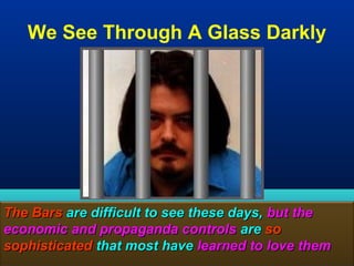 We See Through A Glass Darkly




The Bars are difficult to see these days, but the
economic and propaganda controls are so
sophisticated that most have learned to love them 186
 
