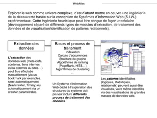 Extraction des données Bases et process de traitement Indexation Calculs d’occurrences Structure de graphe Algorithmes de ranking (PageRank, HITS…) Algorithmes de clustering … Les  patterns  identifiables (logiques, statistiques, relationnels) peuvent aussi être visualisés, voire même identifiés via des visualisations de grandes masses de données web. Un Système d’Information Web dédié à l’exploration des structures du système doit pouvoir inclure  différents process de traitement des données L’extraction  des données web (mots-clefs, contenus, liens internes et/ou externes au sites…) peut être effectuée manuellement (via un bookmark par exemple), semi-automatiquement (Navicrawler, Timmy) ou automatiquement via un crawler paramétrable. Explorer le web comme univers complexe, c’est d’abord mettre en oeuvre une  ingénierie de la découverte  basée sur la conception de Systèmes d’Information Web (S.I.W.) expérimentaux. Cette ingénierie heuristique peut être conçue de façon  modulaire  (développement séparé de différents types de modules d’extraction, de traitement des données et de visualisation/identification de patterns relationnels). WebAtlas 
