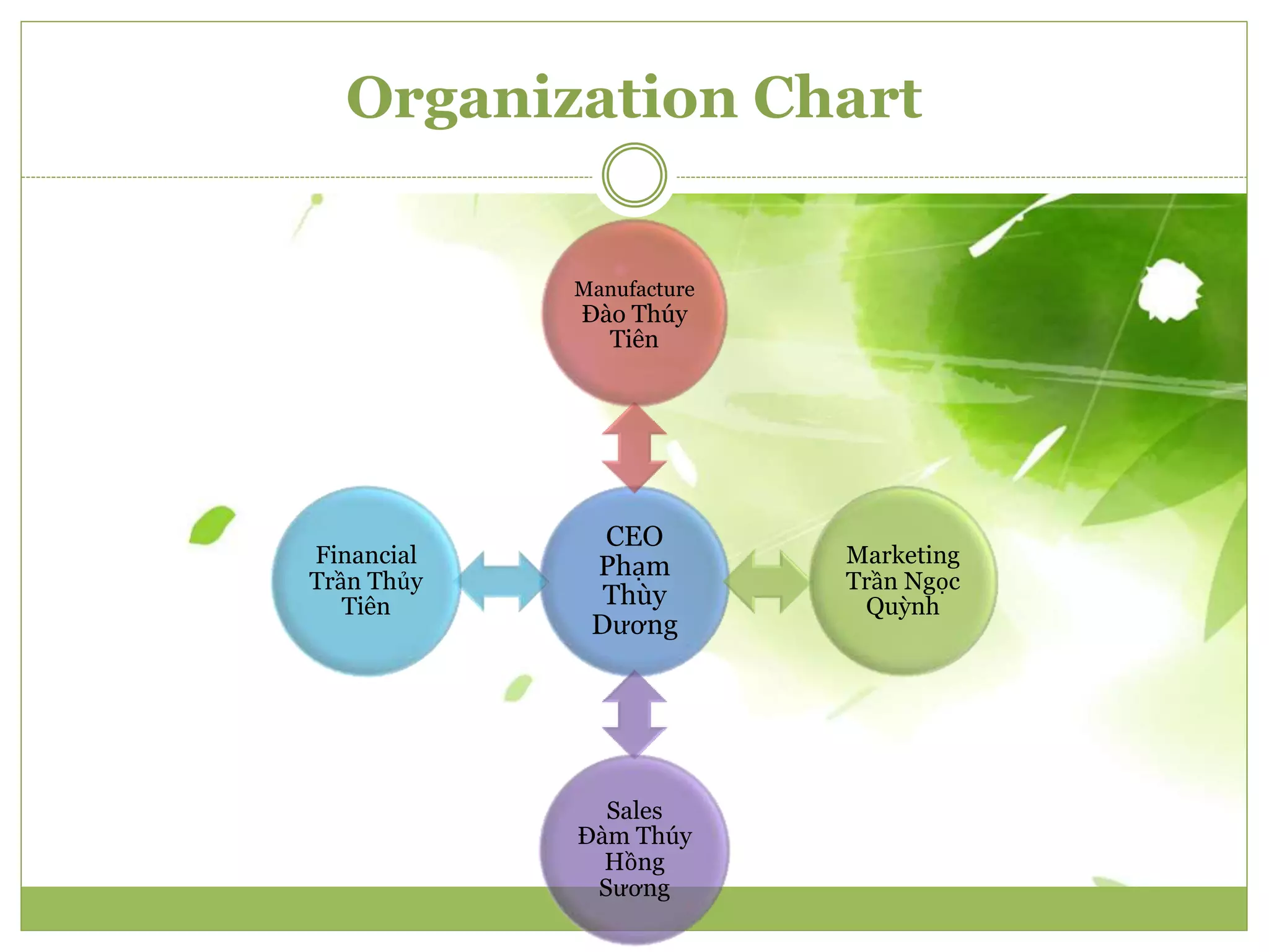 Organization Chart 
Manufacture 
Đào Thúy 
Tiên 
CEO 
Phạm 
Thùy 
Dương 
Marketing 
Trần Ngọc 
Quỳnh 
Sales 
Đàm Thúy 
Hồng 
Sương 
Financial 
Trần Thủy 
Tiên 
 