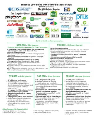 STARTS IN THEATRES EARTH DAY
                                                                                                               APRIL 22
                                                                                                    www.disney.com/nature




                                   Enhance your brand with full media sponsorshipsFILM
                                                                                                THIS EARTH DAY, EXPERIENCE THE
                                                                       VERY FIRST
                                                             Sponsors (partial list)


                                                                                                    STARTS IN THEATRES EARTH DAY
                                                                                                               APRIL 22
                                                                                                    www.disney.com/nature




                                                                                                    STARTS IN THEATRES EARTH DAY
                                                                                                               APRIL 22
                                                                                                                    www.disney.com/nature




                                                                                                    STARTS IN THEATRES EARTH DAY
                                                                                                               APRIL 22
                                                                                                                   www.disney.com/nature




                                                                                                                                                                      & more!

                                                       Call Us For details on these sponsorships...


                          $250,000 • Title Sponsor                                            $100,000 • Platinum Sponsor
         Exclusive Sponsorship - Reserved for One Corporation
                                                                                 • 20’ x 30’ prime booth space
        • “presented by your CoMpany naMe” in all Go Green expo                  • Platinum Recognition on website including logo and website link
          advertising (print, radio, email, direct mail, etc...)                 • One-time dedicated email blast to all consumers, buyers &
        • 20’ x 40’ prime booth space                                              exhibitors (over 10,000!)
        • Title Sponsorship Recognition on website including logo and            • newspaper print advertisement in the sponsor’s newspaper
          website link                                                             (size TBD)
        • newspaper print advertisement in the sponsor’s newspaper               • television commercials for 3 weeks (Call for details)
          (size TBD)                                                             • Full page ad in official show directory
        • television commercials for 3 weeks (Call for details)                  • Guaranteed speaking opportunity
        • Full page ad in official show directory (back Cover)                   • Banner on trade show floor recognizing you as a Platinum Sponsor
        • Two dedicated email blasts to all consumers, buyers &                  • Sign with company logo in Registration area
          exhibitors (over 10,000!)                                              • Company Logo on print advertising, including newspaper,
        • Signage in entrance and registration areas with sponsor status           magazines & invitations
          and logo                                                               • 200 complimentary passes to Go Green Expo
        • A VIP meeting room / Hospitality suite for your own company’s use
        • 300 complimentary passes to Go Green Expo




            $75,000 • Gold Sponsor                       $50,000 • Silver Sponsor                                                           $25,000 • Bronze Sponsor
       • 20’ x 30’ prime booth space                  • 10’ x 50’ prime booth space                                                   • 10’ x 40’ prime booth space
       • Gold Recognition on website                  • Silver Recognition on website                                                 • Bronze Recognition on website
          including logo and website link                including logo and website link                                                 including logo and website link
       • One-time dedicated email blast to all        • One-time dedicated email blast to all                                         • One-time dedicated email blast to
         consumers, buyers & exhibitors                 consumers, buyers & exhibitors                                                  all consumers, buyers & exhibitors
         (over 10,000!)                                 (over 10,000!)                                                                  (over 10,000!)
       • newspaper print advertisement in the         • newspaper print advertisement in the                                          • newspaper print advertisement in the
         sponsor’s newspaper (size TBD)                 sponsor’s newspaper (size TBD)                                                  sponsor’s newspaper (size TBD)
       • television commercials for 3 weeks           • television commercials for 2 weeks                                            • television commercials for 1 week
         (Call for details)                             (Call for details)                                                              (Call for details)
       • Full page ad in official show directory      • Full page ad in official show directory                                       • Full page ad in official show directory
       • Guaranteed speaking opportunity              • Guaranteed speaking opportunity                                               • Guaranteed speaking opportunity
       • Banner on trade show floor                   • Banner on trade show floor                                                    • Banner on trade show floor
         recognizing you as Gold Sponsor                recognizing you as Silver Sponsor                                               recognizing you as a Bronze Sponsor
       • 150 complimentary passes to Go               • 100 complimentary passes to Go                                                • 50 complimentary passes to Go
         Green Expo                                     Green Expo                                                                      Green Expo


Other Sponsorship Opportunities!
• Tote bags ($10,000 + cost of materials)          • Staff branding ($10,000 + cost of materials)                                     • Attendee bracelets ($10,000 + cost of materials)
• Water bottles ($5,000 + cost of materials)       • directional signage ($1,000)                                                     • Name badges ($5,000 + cost of materials)
                                                                                                                                      & many more!
 