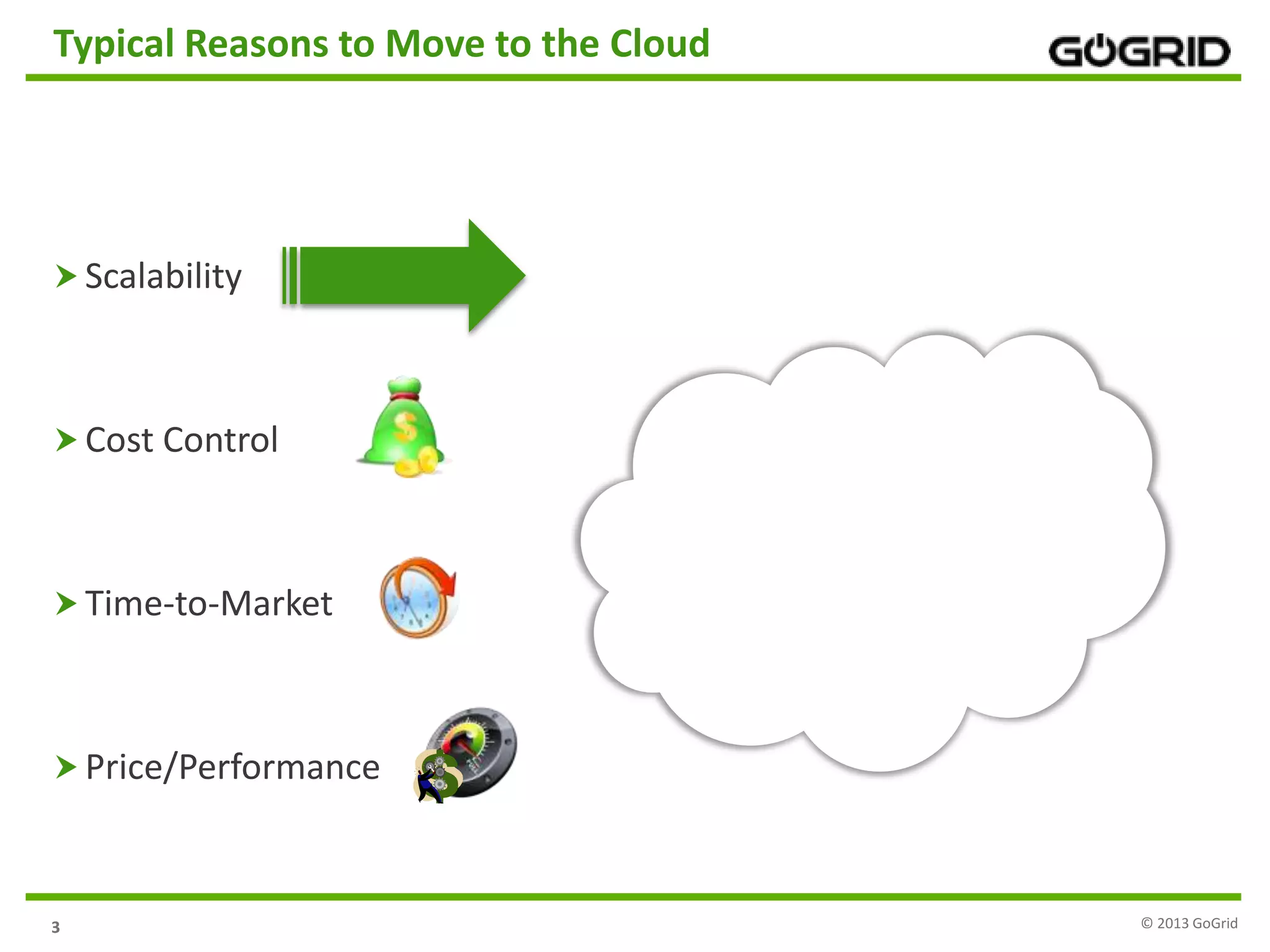 33
Typical Reasons to Move to the Cloud
 Scalability
 Cost Control
 Time-to-Market
 Price/Performance
© 2013 GoGrid
 