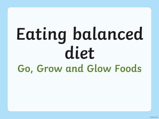 Eating balanced
diet
Go, Grow and Glow Foods
 
