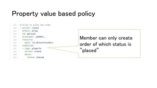 Property value based policy
Member can only create
order of which status is
”placed”
 