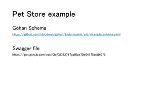Pet Store example
Gohan Schema
https://github.com/cloudwan/gohan/blob/master/etc/example_schema.yaml
Swagger file
https://gist.github.com/nati/3ef08372717aaf0ae70e64175dcd4079
 