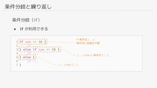 条件分岐と繰り返し
条件分岐（if）
● if が利用できる
if 条件式 { ... }
条件式に括弧は不要
{ ... } else if 条件式 { ... }
{ ... } else { ... }
 