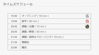 19:30 オープニング ( 10 min )
19:40 座学 ( 40 min )
20:20 課題／出題 ( 10 min )
20:30 課題／解答 ( 50 min )
21:20 課題／説明＆クロージング ( 10 min )
21:30 懇親会
22:00 撤収
タイムスケジュール
 