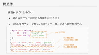 構造体
構造体タグ（JSON）
● 構造体はタグと呼ばれる機能を利用できる
● JSON変換やデータ検証、ORマッパーなどでよく取り扱われる
jsonタグの例
User構造体を
JSON文字列に変換
JSON文字列を
User構造体に変換
 