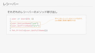 レシーバー
それぞれのレシーバーのメソッド呼び出し
ポインタレシーバーのメソッドなので、
user変数に変更が適用される
 