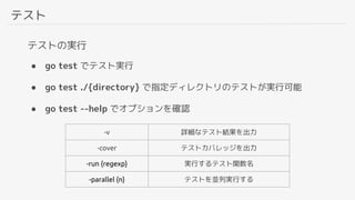 テスト
テストの実行
● go test でテスト実行
● go test ./{directory} で指定ディレクトリのテストが実行可能
● go test --help でオプションを確認
-v 詳細なテスト結果を出力
-cover テストカバレッジを出力
-run {regexp} 実行するテスト関数名
-parallel {n} テストを並列実行する
 
