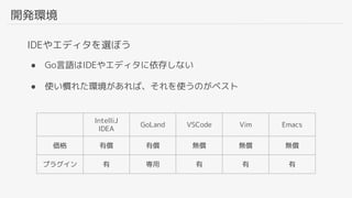 開発環境
● Go言語はIDEやエディタに依存しない
● 使い慣れた環境があれば、それを使うのがベスト
IDEやエディタを選ぼう
IntelliJ
IDEA
GoLand VSCode Vim Emacs
価格 有償 有償 無償 無償 無償
プラグイン 有 専用 有 有 有
 