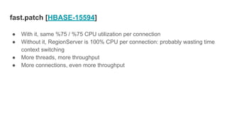 fast.patch [HBASE-15594]
● With it, same %75 / %75 CPU utilization per connection
● Without it, RegionServer is 100% CPU per connection: probably wasting time
context switching
● More threads, more throughput
● More connections, even more throughput
 