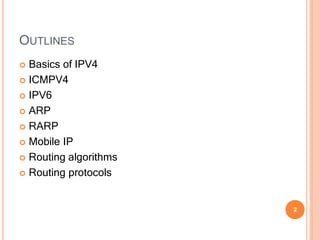 OUTLINES
2
 Basics of IPV4
 ICMPV4
 IPV6
 ARP
 RARP
 Mobile IP
 Routing algorithms
 Routing protocols
 