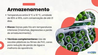 Armazenamento
Temperatura entre 8 °C e 10 °C, umidade
de 85% a 95%, com conservação de até 21
dias.
Riscos: Danos pelo frio em temperaturas
inferiores (manchas, depressões e perda
de amadurecimento).
Técnicas complementares: Uso de
sacolas plásticas ou filmes de PVC, ceras
para redução de perda de água e
melhoria da aparência.
 