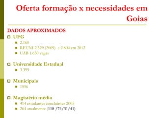 Oferta formação x necessidades em
Goias
DADOS APROXIMADOS
 UFG
 2.160
 REUNI 2.529 (2009) e 2.804 em 2012
 UAB 1.650 vagas
 Universidade Estadual
 3.395
 Municipais
 1556
 Magistério médio
 414 estudantes concluintes 2005
 264 atualmente (118 /74/31/41)
 