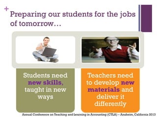 +
Preparing our students for the jobs
of tomorrow…
Students need
new skills,
taught in new
ways
Teachers need
to develop new
materials and
deliver it
differently
Annual Conference on Teaching and Learning in Accounting (CTLA) – Anaheim,California 2013
 