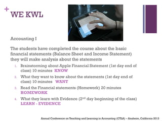 +
WE KWL
Accounting I
The students have completed the course about the basic
financial statements (Balance Sheet and Income Statement)
they will make analysis about the statements
1. Brainstorming about Apple Financial Statement (1st day end of
class) 10 minutes KNOW
2. What they want to know about the statements (1st day end of
class) 10 minutes WANT
3. Read the Financial statements (Homework) 20 minutes
HOMEWORK
4. What they learn with Evidence (2nd day beginning of the class)
LEARN - EVIDENCE
Annual Conference on Teaching and Learning in Accounting (CTLA) – Anaheim, California 2013
 