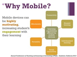 +
Why Mobile?
Mobile devices can
be highly
motivating,
increasing student’s
engagement with
their learning
Learning
capabilities
offered by
mobile
devices
Connectivity
Situated
learning
Individualized
learning
Social
interactivity
Portability
Affordability
Annual Conference on Teaching and Learning in Accounting (CTLA) – Anaheim,California 2013
 