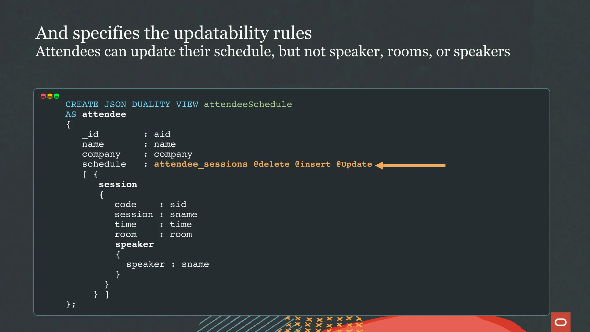 CREATE JSON DUALITY VIEW attendeeSchedule
AS attendee
{
_id : aid
name : name
company : company
schedule : attendee_sessions @delete @insert @Update
[ {
session
{
code : sid
session : sname
time : time
room : room
speaker
{
speaker : sname
}
}
} ]
};
And specifies the updatability rules
Attendees can update their schedule, but not speaker, rooms, or speakers
 