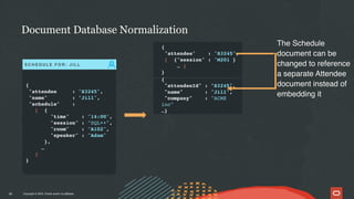 Copyright © 2024, Oracle and/or its affiliates
Document Database Normalization
20
{
"attendee : "S3245",
"name" : "Jill",
"schedule" :
[ {
"time" : "14:00",
"session" : "SQL++",
"room" : "A102",
"speaker" : "Adam"
},
…
]
}
S C H E D U L E F O R : J I L L
{
"attendee" : "S3245",
[ {"session" : "M201 }
… ]
}
{
"attendeeId" : "S3245",
"name" : "Jill",
"company" : "ACME
inc"
…}
The Schedule
document can be
changed to reference
a separate Attendee
document instead of
embedding it
 