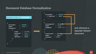 Copyright © 2024, Oracle and/or its affiliates
Document Database Normalization
21
{
"attendee : "S3245",
"name" : "Jill",
"schedule" :
[ {
"time" : "14:00",
"session" : "SQL++",
"room" : "A102",
"speaker" : "Adam"
},
…
]
}
S C H E D U L E F O R : J I L L
{
"attendee" : "S3245",
[ {"session" : "M201 }
… ]
}
{
"attendeeId" : "S3245",
"name" : "Jill",
"company" : "ACME inc"
…}
{
"sessionId" : "M201",
"name" : "SQL++",
"teacher" : "T543"
…}
and reference a
separate Session
document
 