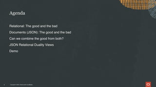 Copyright © 2024, Oracle and/or its affiliates
Relational: The good and the bad
Documents (JSON): The good and the bad
Can we combine the good from both?
JSON Relational Duality Views
Demo
Agenda
3
 