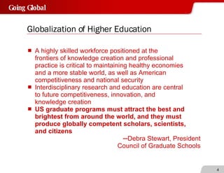 Globalization of Higher Education A highly skilled workforce positioned at the frontiers of knowledge creation and professional practice is critical to maintaining healthy economies and a more stable world, as well as American competitiveness and national security Interdisciplinary research and education are central to future competitiveness, innovation, and knowledge creation US graduate programs must attract the best and brightest from around the world, and they must produce globally competent scholars, scientists, and citizens ─ Debra Stewart, President Council of Graduate Schools 