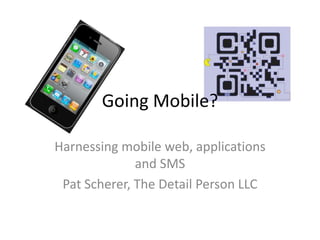 Going Mobile? Harnessing mobile web, applications and SMS Pat Scherer, The Detail Person LLC 