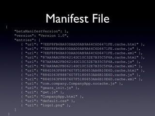 Manifest File { "betaManifestVersion": 1, "version": "Version 1.0", "entries": [ { "url": "7EEF8FB6BA93DAAD0AB9A64C6D6471FE.cache.html" }, { "url": "7EEF8FB6BA93DAAD0AB9A64C6D6471FE.cache.js" }, { "url": "7EEF8FB6BA93DAAD0AB9A64C6D6471FE.cache.xml" }, { "url": "87AA9AB2FB06214DC10C32E7B35C5F6A.cache.html" }, { "url": "87AA9AB2FB06214DC10C32E7B35C5F6A.cache.js" }, { "url": "87AA9AB2FB06214DC10C32E7B35C5F6A.cache.xml" }, { "url": "884D363F8887607F5180653AA6B10E6D.cache.html" }, { "url": "884D363F8887607F5180653AA6B10E6D.cache.js" }, { "url": "884D363F8887607F5180653AA6B10E6D.cache.xml" }, { "url": "com.company.CompanyApp.nocache.js" }, { "url": "gears_init.js" }, { "url": "gwt.js" }, { "url": "CompanyApp.html" }, { "url": "default.css" }, { "url": "logo1.png" }, ] } 