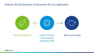 ©2021 VMware, Inc. 16
Unleash the full potential of Serverless for our application
Faster startup time Lower resource
consumption
(memory, CPU)
More cost savings
 