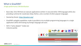 ©2021 VMware, Inc. 19
▪ Basic idea: One VM that can execute applications written in Java and other JVM languages while also
providing runtimes for JavaScript, Ruby, Python, and a number of other popular languages
▪ Started by Oracle: https://graalvm.org/
▪ GraalVM’s polyglot capabilities make it possible to mix multiple programming languages in a single
application while eliminating any foreign language call costs
▪ Still in “early adopter” mode, but
matures quickly
A high-performance JDKdistribution
What is GraalVM?
 