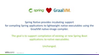©2021 VMware, Inc. 23
Spring Native provides incubating support
for compiling Spring applications to lightweight native executables using the
GraalVM native-image compiler.
The goal is to support compilation of existing or new Spring Boot
applications to native executables.
Unchanged.
 