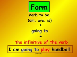 Form Verb to be  (am, are, is) I am  going to   play  handball. + the infinitive of the verb + going to   