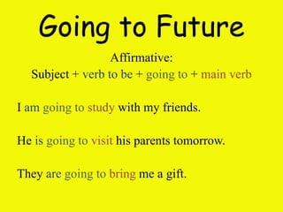 Going to Future
Affirmative:
Subject + verb to be + going to + main verb
I am going to study with my friends.
He is going to visit his parents tomorrow.
They are going to bring me a gift.
 